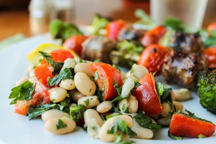 Easy Sausage and Broccoli Kebabs with White Bean Salad