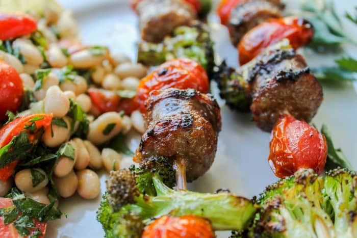 Easy Sausage and Broccoli Kebabs with White Bean Salad