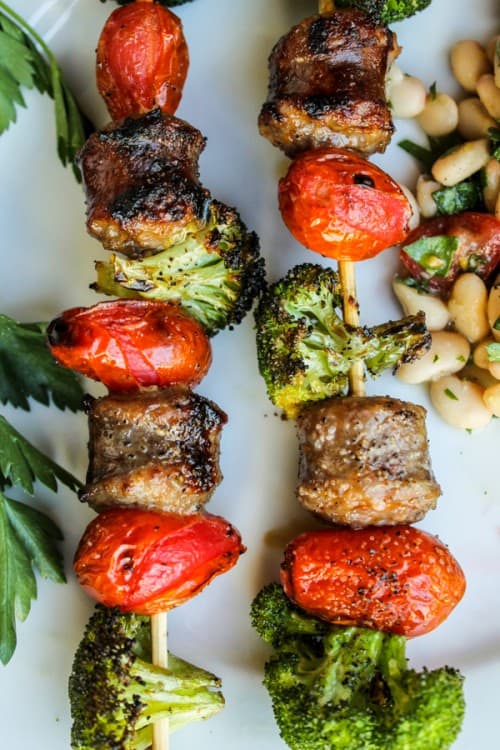 Easy Sausage and Broccoli Kebabs with White Bean Salad