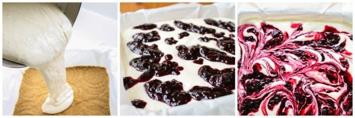 pouring cheesecake filling into a pan, swirling blackberry puree into the cheesecake filling. 