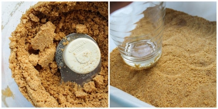 making graham cracker crust and pressing it into a pan. 