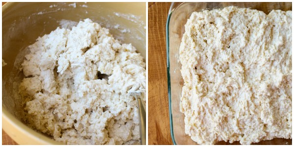 Mixed cake batter in bowl and pressed into pan