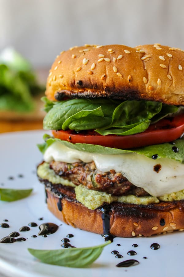 Caprese Burger with Artichoke Pesto Sauce from TheFoodCharlatan.com