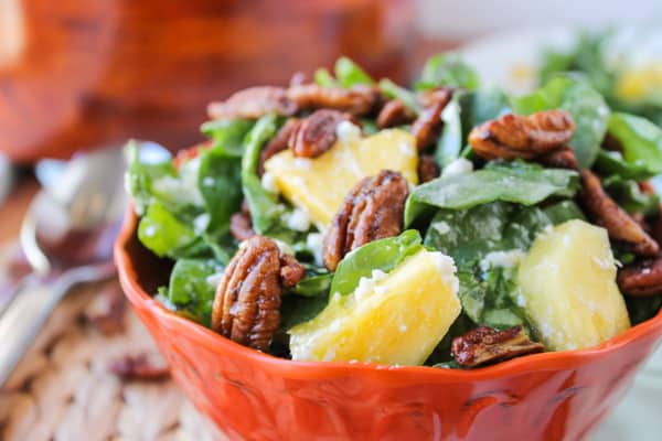 Pineapple Spinach Salad | TheFoodCharlatan.com This twist on the Strawberry Spinach Salad is easy and bright-tasting!