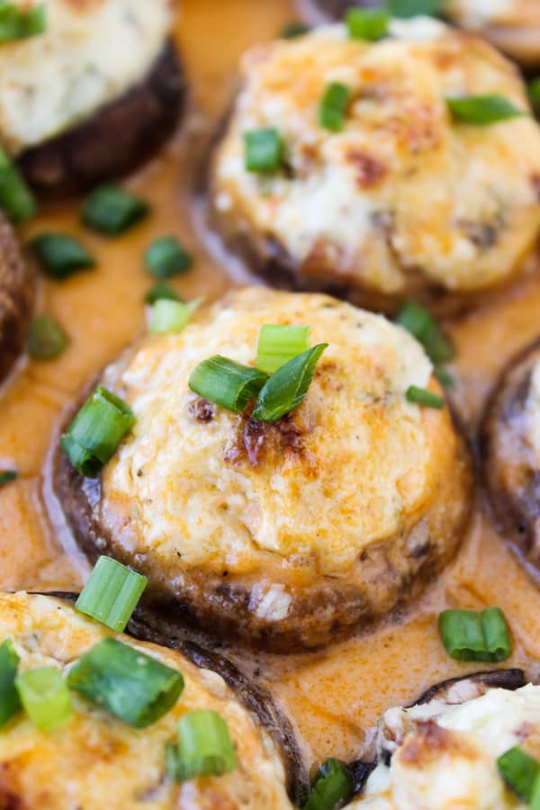 Bacon Blue Cheese Stuffed Mushrooms with Creamy Hot Sauce | TheFoodCharlatan.com // These are perfect (and easy!) appetizers for football watching!