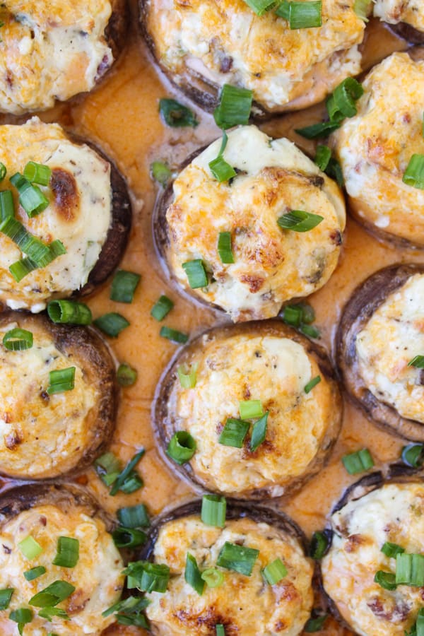 Bacon Blue Cheese Stuffed Mushrooms with Creamy Hot Sauce | TheFoodCharlatan.com // These are perfect (and easy!) appetizers for football watching!