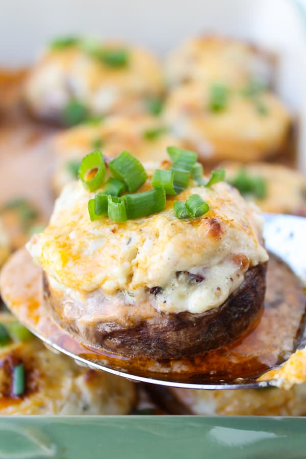 Bacon Blue Cheese Stuffed Mushrooms with Creamy Hot Sauce | TheFoodCharlatan.com // These are perfect (and easy!) appetizers for football watching!