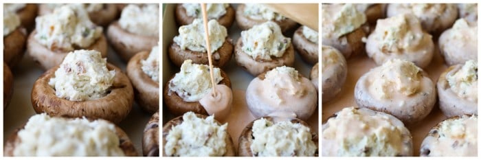 Bacon Blue Cheese Stuffed Mushrooms with Creamy Hot Sauce | TheFoodCharlatan.com // These are perfect (and easy!) appetizers for football watching!