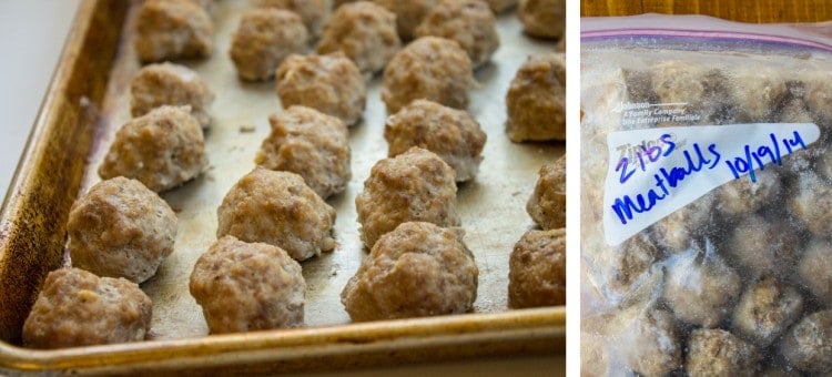 Baked meatballs on a baking pan for flash freezing and in a labeled ziplock bag in the freezer.