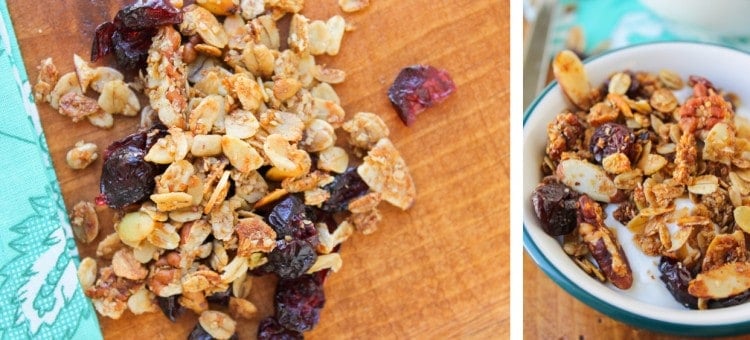 maple pecan granola with pecans and cherries on a wooden cutting board and in a cereal bowl with milk. 