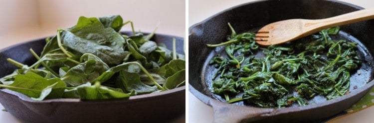 Sautéing spinach in skillet.
