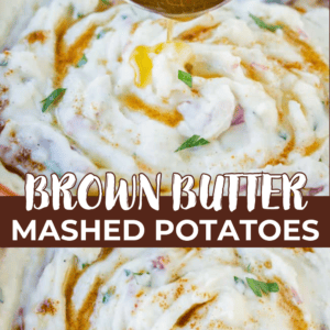 A metal spoon pours brown butter over a bowl of browned butter mashed potatoes garnished with herbs, with the text BROWN BUTTER MASHED POTATOES overlaid in the center.