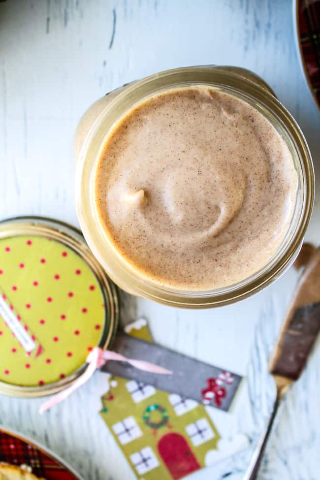 cinnamon honey butter in a mason jar ready for gifting. 