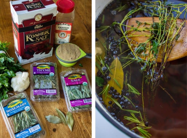 Fresh herbs, salt, and spices on a wooden cutting board, herb brine in a pot. 