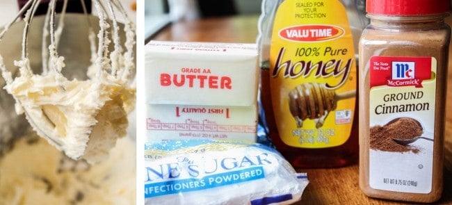 whipping cinnamon honey butter in a stand mixer; ingredients for cinnamon honey butter. 