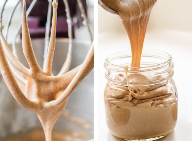 cinnamon honey butter on a whisk attachment, cinnamon honey butter being poured into a mason jar. 