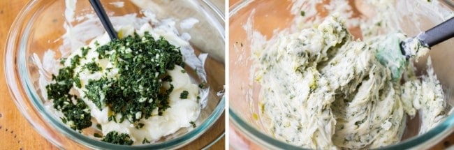 Mixing herbs into butter. 