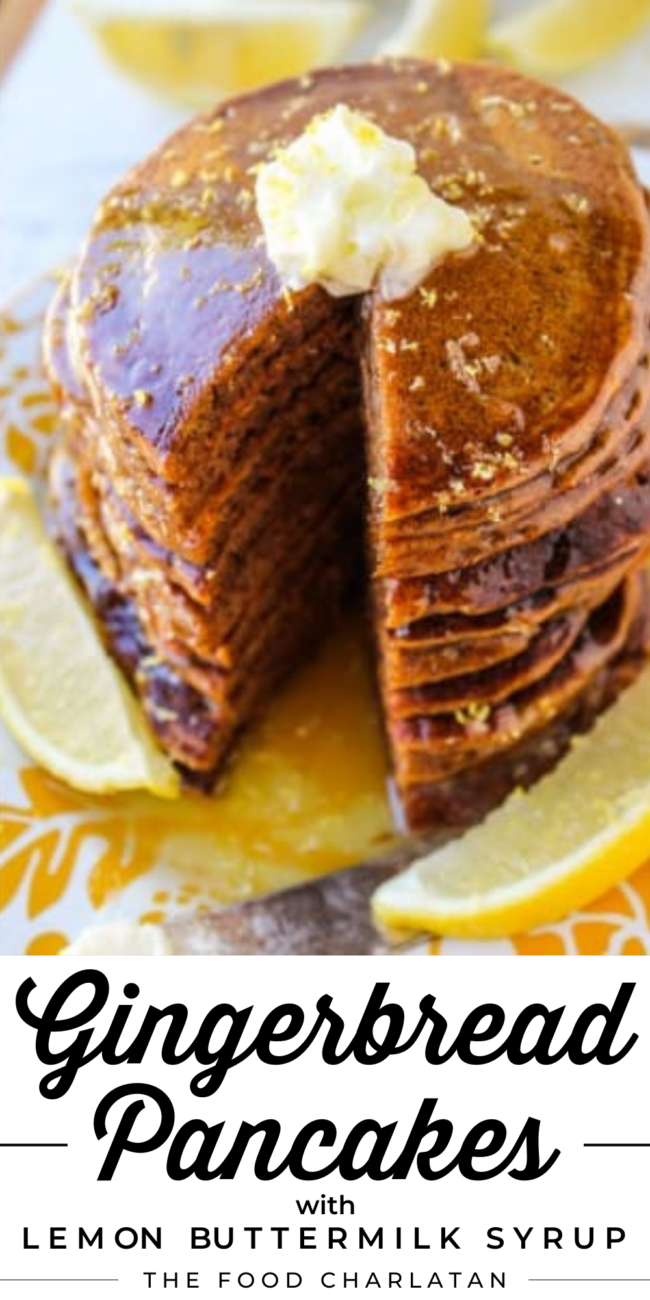 a tall stack of gingerbread pancakes with lemon syrup and butter shot from above.