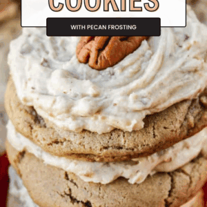 A stack of soft cinnamon cookies with pecan frosting and a pecan half on top, with a text overlay reading Christmas Cinnamon Cookies with Pecan Frosting.