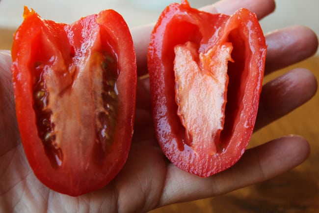 a sliced roma tomato.