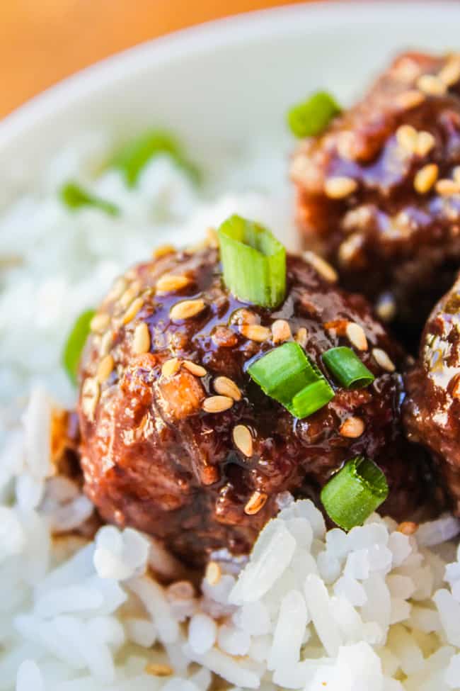 Close up of meatball on rice with sesame seeds