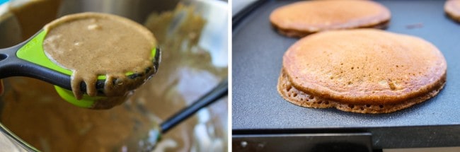 a measuring cup of gingerbread pancake batter and gingerbread pancakes cooking on a griddle.