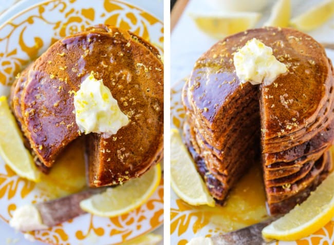 stacked gingerbread pancakes shot from above with butter, lemon zest, lemon syrup, and lemon slices on a plate.