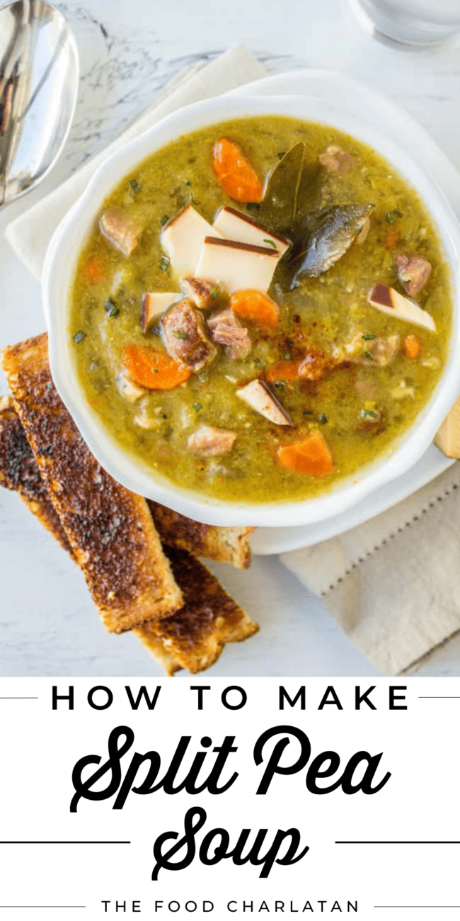 a bowl of split pea soup with toast strips.