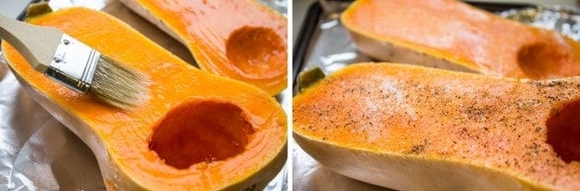 Brushing oil and adding salt and pepper to halved butternut squash on foil lined baking sheet. 