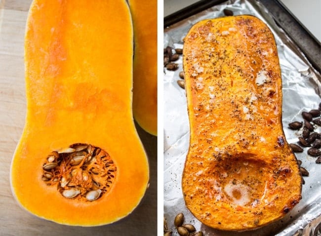 halved butternut squash before and after roasting. 