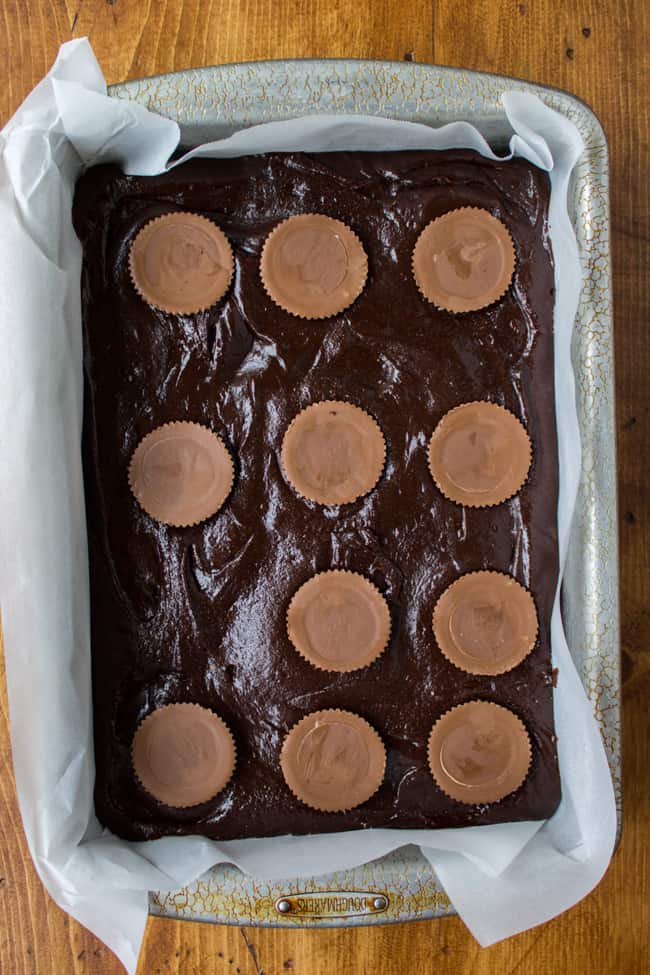 Placing peanut butter cups for Reese's brownies