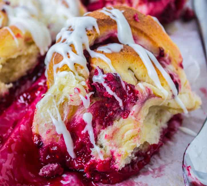 Raspberry Sweet Rolls with Coconut Cream Cheese Frosting from The Food Charlatan