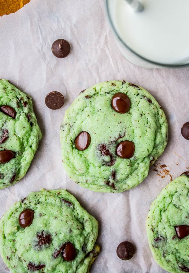 Mint chocolate chip cookies with melted chocolate chips shot from overhead