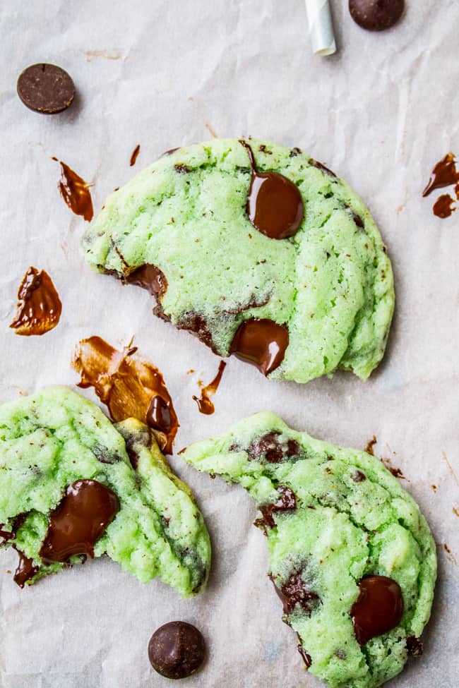 broken Mint Cookies with chocolate, shot from overhead