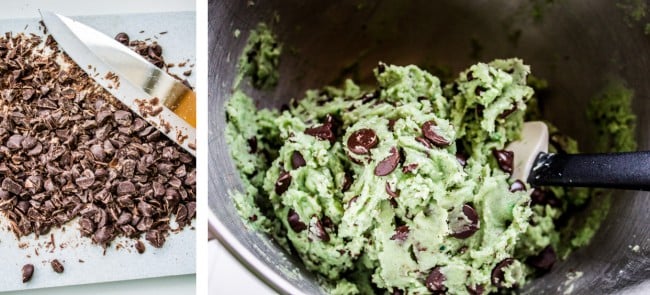 Chopping up dark chocolate chips for dough