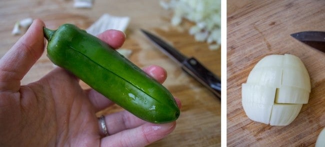 Sliced jalapeño and chopped onions.