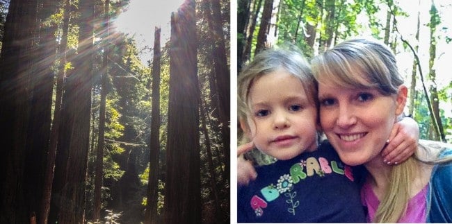 Sunlight shining in the redwoods with mother and daughter