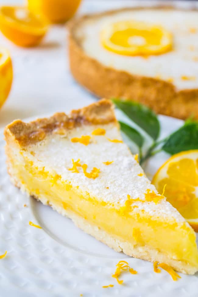 a slice of meyer lemon tart on a white plate.