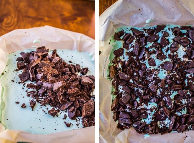 Chopping up thin mints on top of mint layer