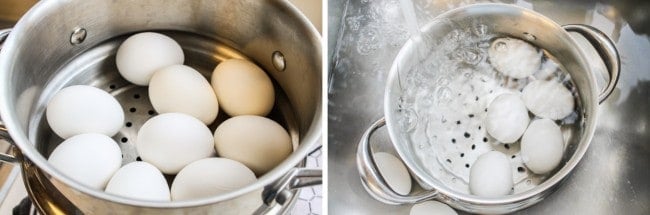 eggs in a steam basket, running eggs under cold water