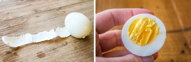 easily peeled hard boiled egg, hard boiled egg cut in half with a perfectly cooked yolk.
