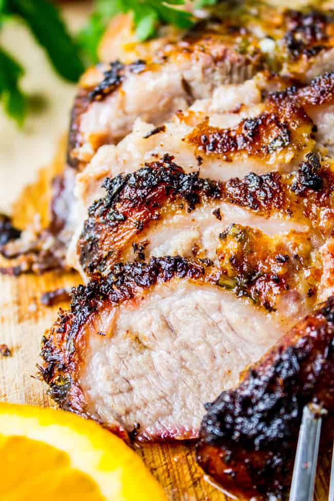 closeup of sliced cuban mojo marinated pork (lechon asado).