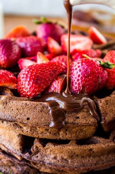 Dark Chocolate Waffles with Ganache and Strawberries from The Food Charlatan