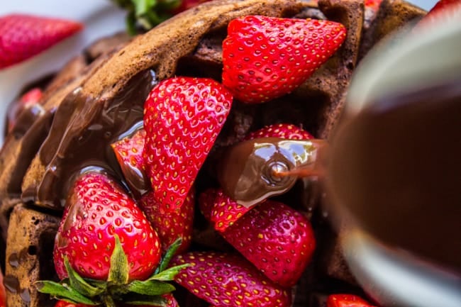 Dark Chocolate Waffles with Ganache and Strawberries from The Food Charlatan