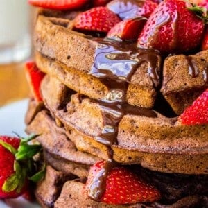 Dark Chocolate Waffles with Ganache and Strawberries from The Food Charlatan