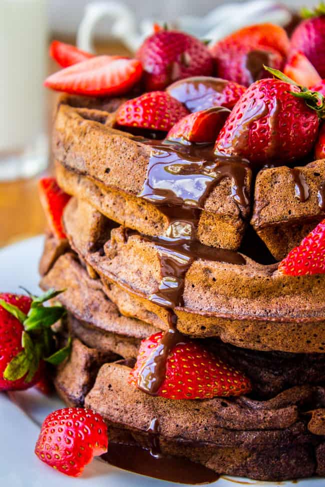 Dark Chocolate Waffles with Ganache and Strawberries from The Food Charlatan