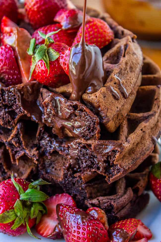 Dark Chocolate Waffles with Ganache and Strawberries from The Food Charlatan