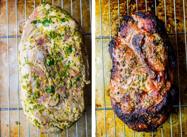 cuban mojo marinated pork roast (lechon asado) before and after roasting.