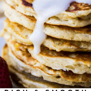 A stack of pancakes topped with coconut syrup and pineapple pieces. Text reads: “Rich & smooth coconut syrup inspired by Hawaii. The Food Charlatan.”.