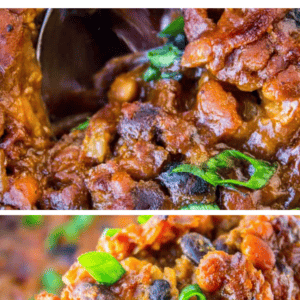 Close-up shots of bacon baked beans, garnished with green onions. The saucy beans are mixed with pieces of bacon, shown in a spoonful and in a serving dish. Text reads Bacon Baked Beans and thefoodcharlatan.com.